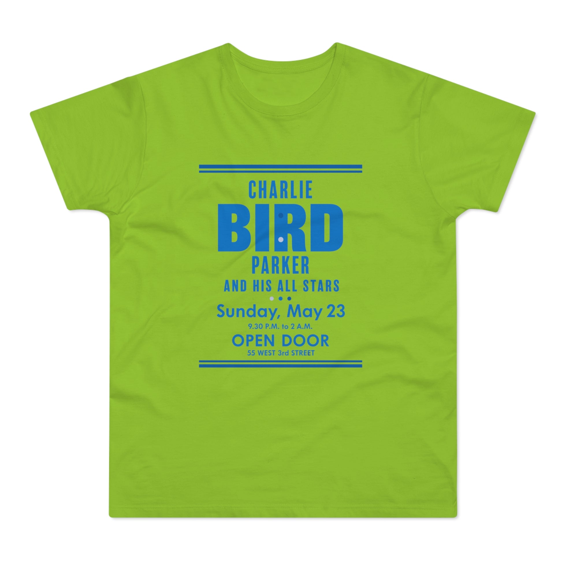 Green t-shirt with "Charlie Bird Parker and His All Stars" event details.