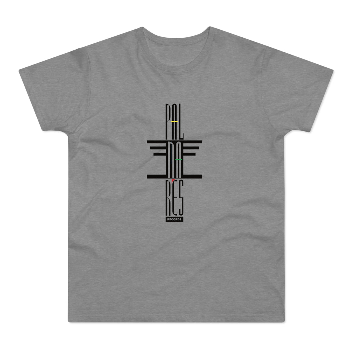 Grey t-shirt with vertical black text "PAL" and "RES" with horizontal lines.