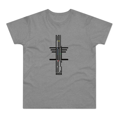 Grey t-shirt with vertical black text "PAL" and "RES" with horizontal lines.