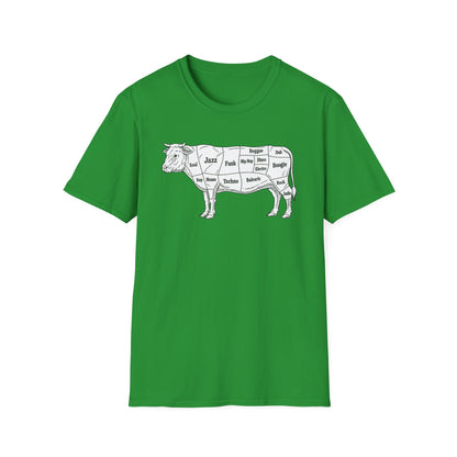 Green t-shirt with line art cow divided into music genre sections.