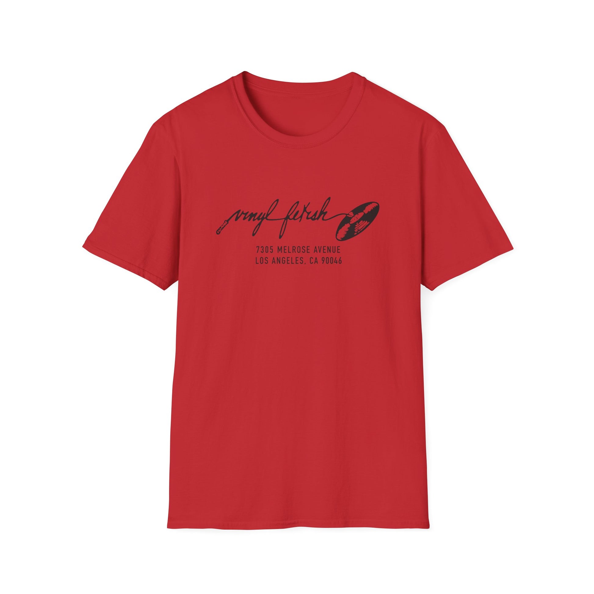 Red t-shirt with black vinyl fetish logo and address: 7305 Melrose Ave, Los Angeles, CA 90046.