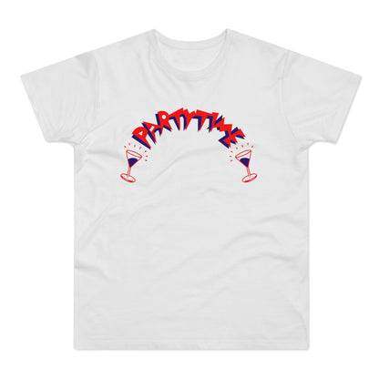 White t-shirt with "PARTY TIME" text and two martini glasses.