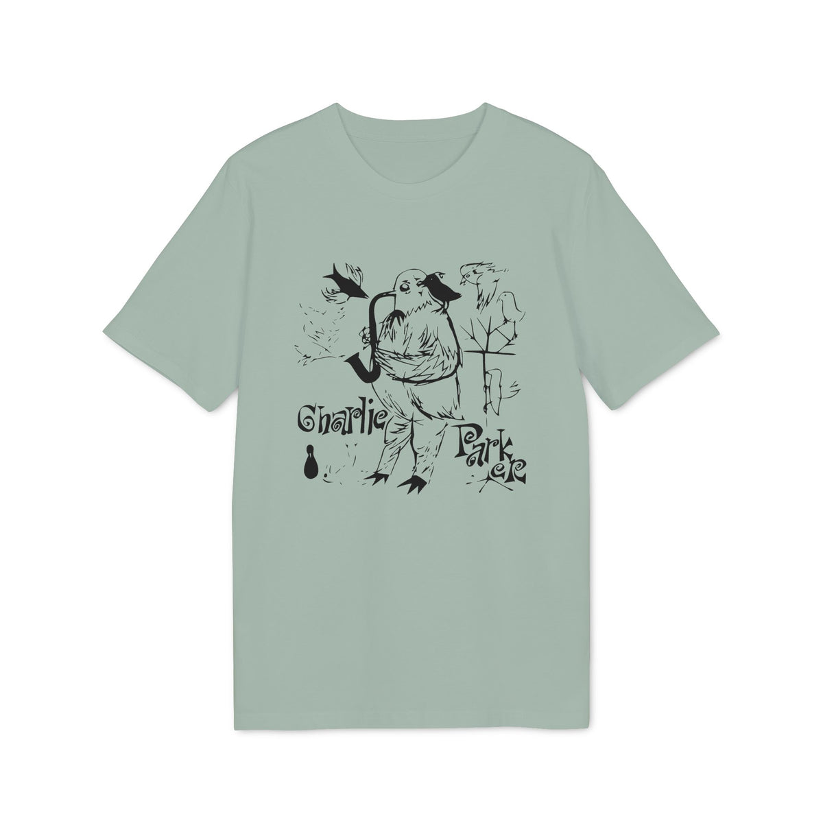 Sage green short-sleeved t-shirt featuring a black graphic of Charlie Parker playing a saxophone amidst birds.