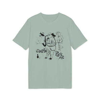 Sage green short-sleeved t-shirt featuring a black graphic of Charlie Parker playing a saxophone amidst birds.