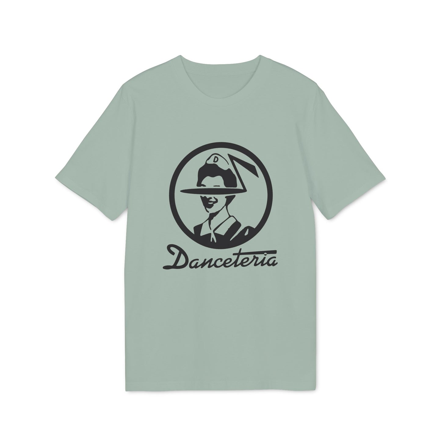 Light green t-shirt with black "Danceteria" logo and stylized person in circle.