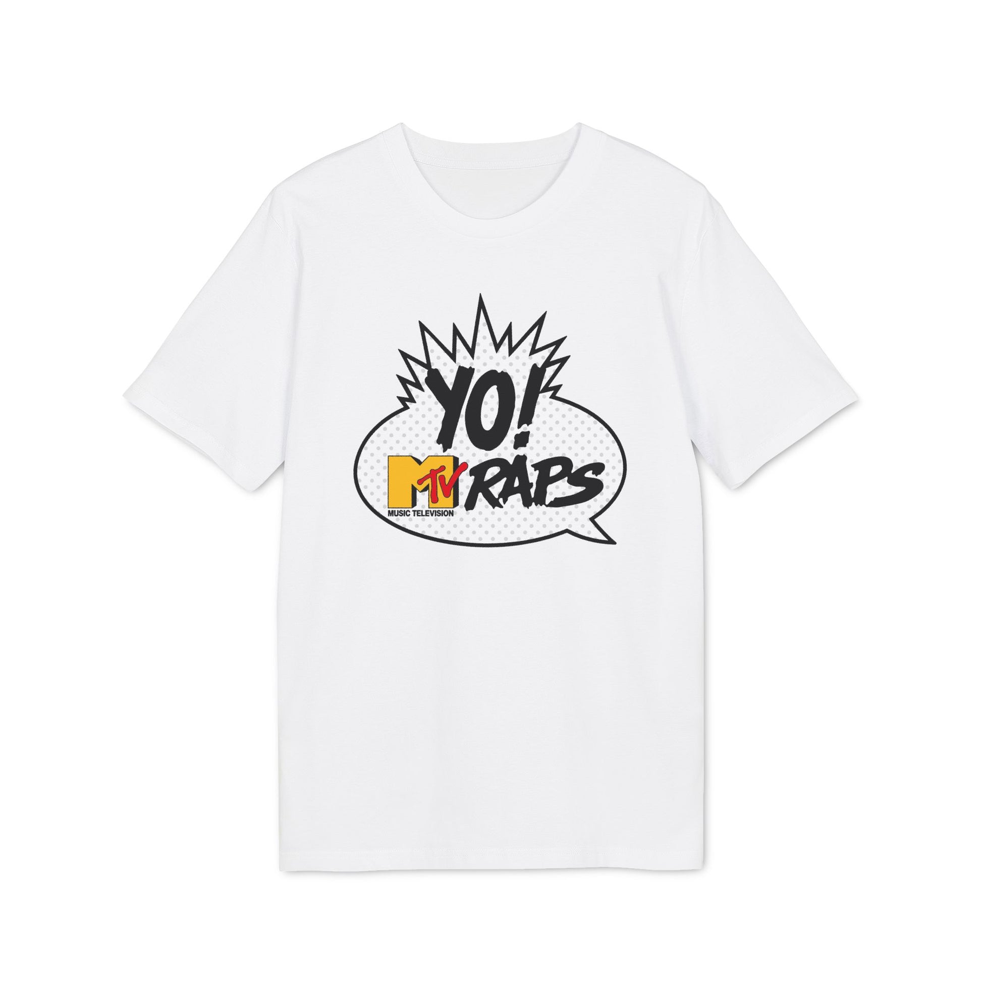 White t-shirt with "YO! MTV RAPS" graphic in a comic book speech bubble.