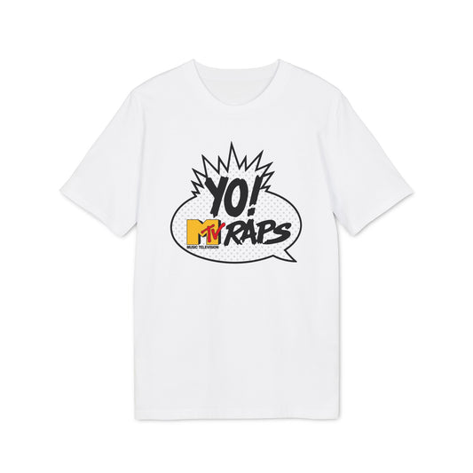 White t-shirt with "YO! MTV RAPS" graphic in a comic book speech bubble.