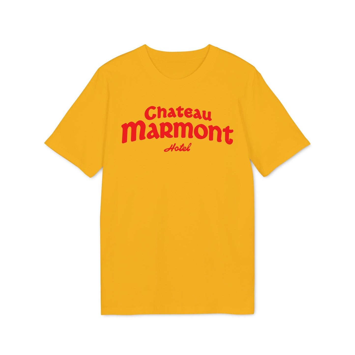 Yellow t-shirt with red "Chateau Marmont Hotel" text.