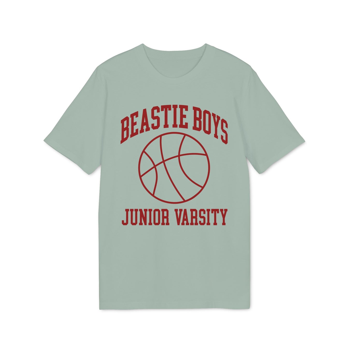 Light green t-shirt with red Beastie Boys Junior Varsity text and basketball graphic.
