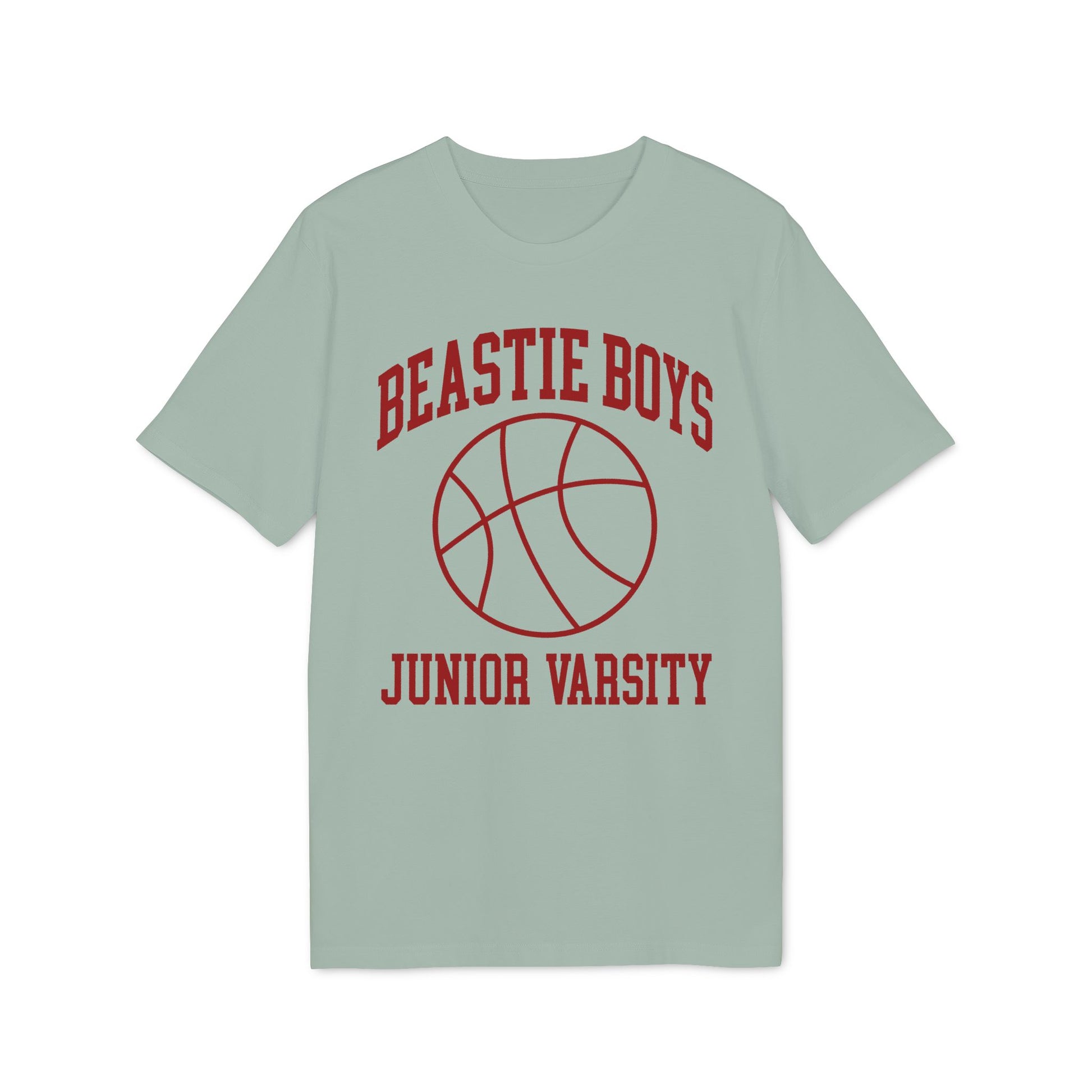 Light green t-shirt with red Beastie Boys Junior Varsity text and basketball graphic.