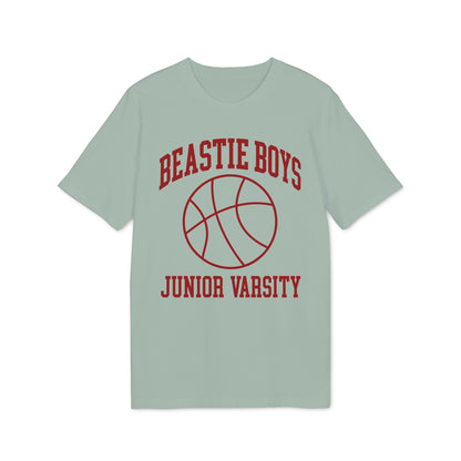 Light green t-shirt with red Beastie Boys Junior Varsity text and basketball graphic.