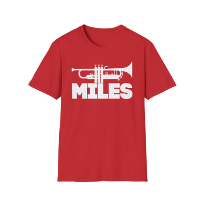 Red t-shirt with white trumpet graphic and "MILES" text.