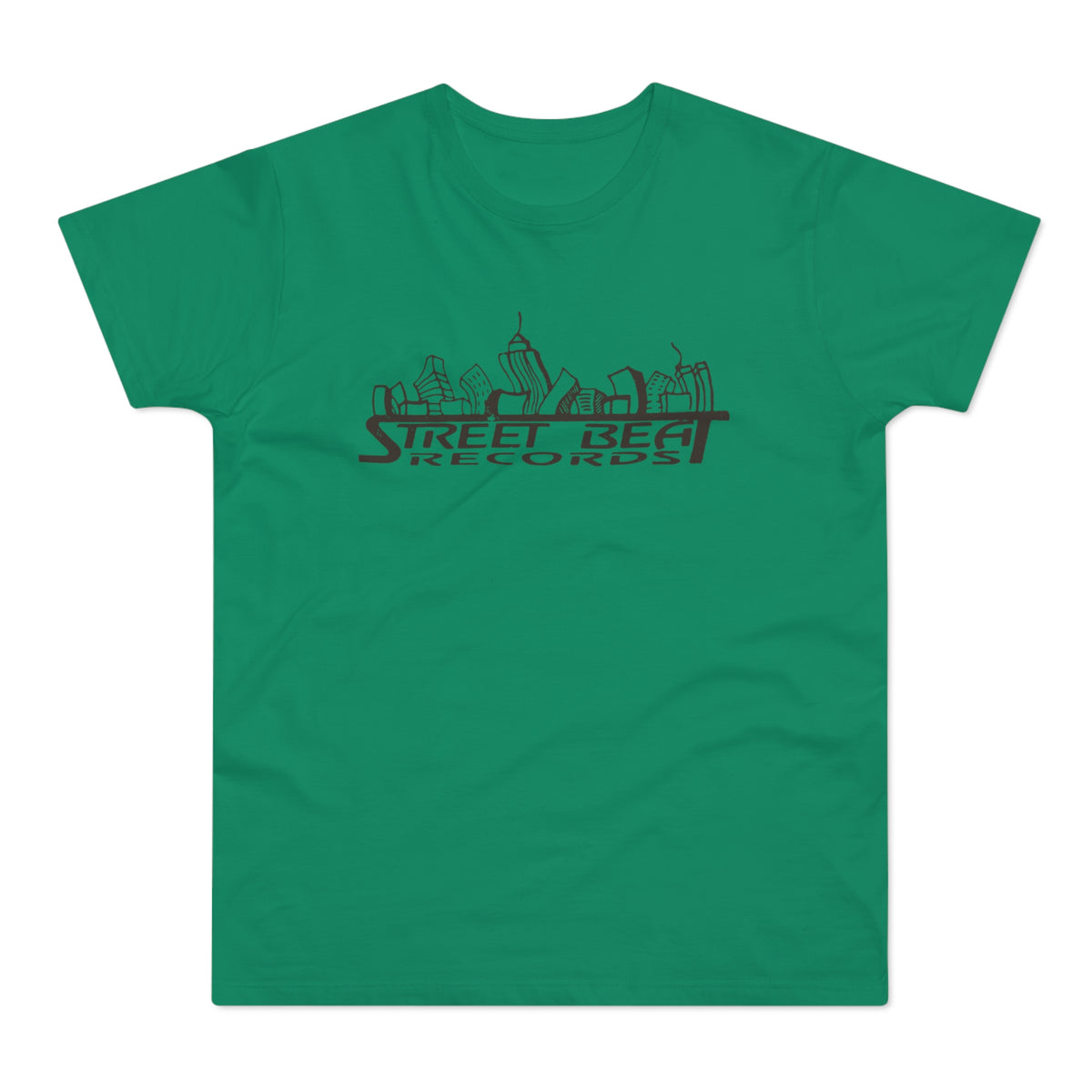 Green t-shirt with a dark red skyline logo and "STREET BEAT RECORDS" text.