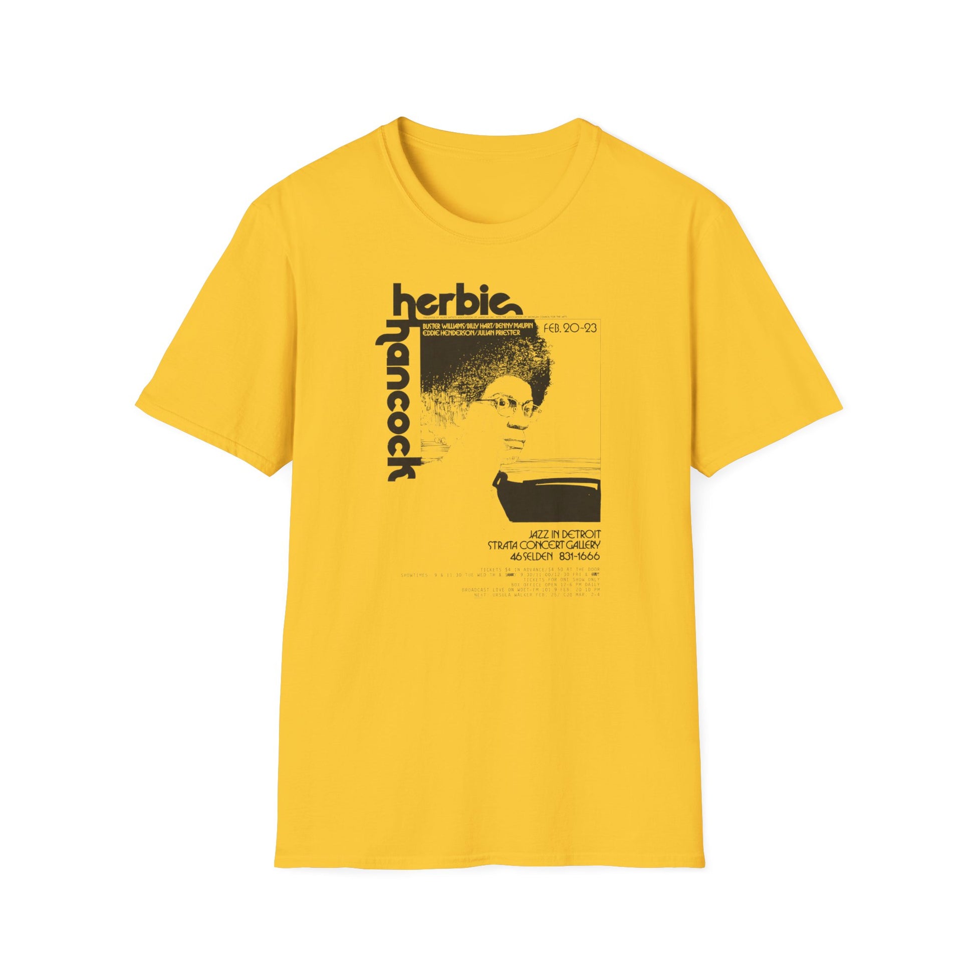 Yellow t-shirt with "Herbie Hancock Jazz in Detroit" concert poster graphic.