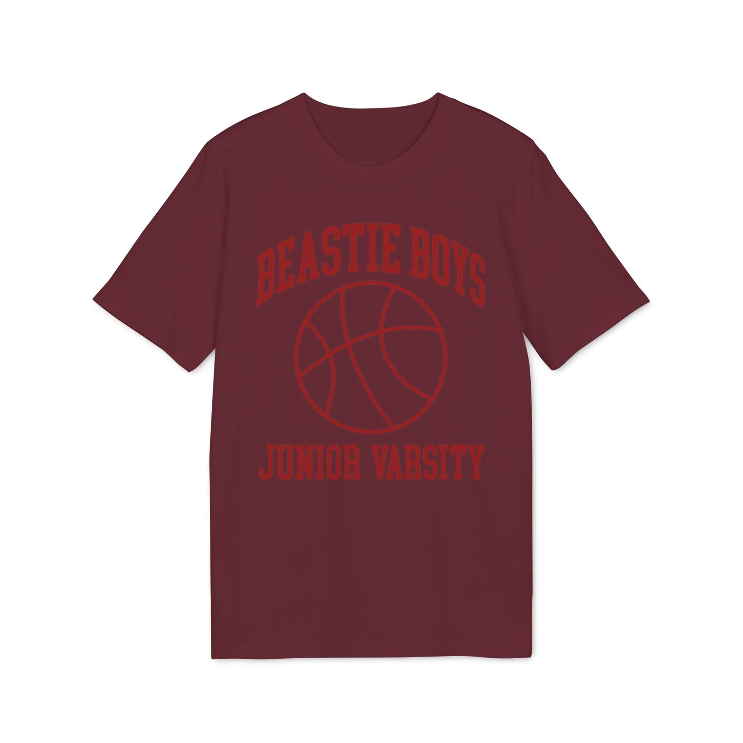 Maroon t-shirt with "Beastie Boys Junior Varsity" and basketball graphic.