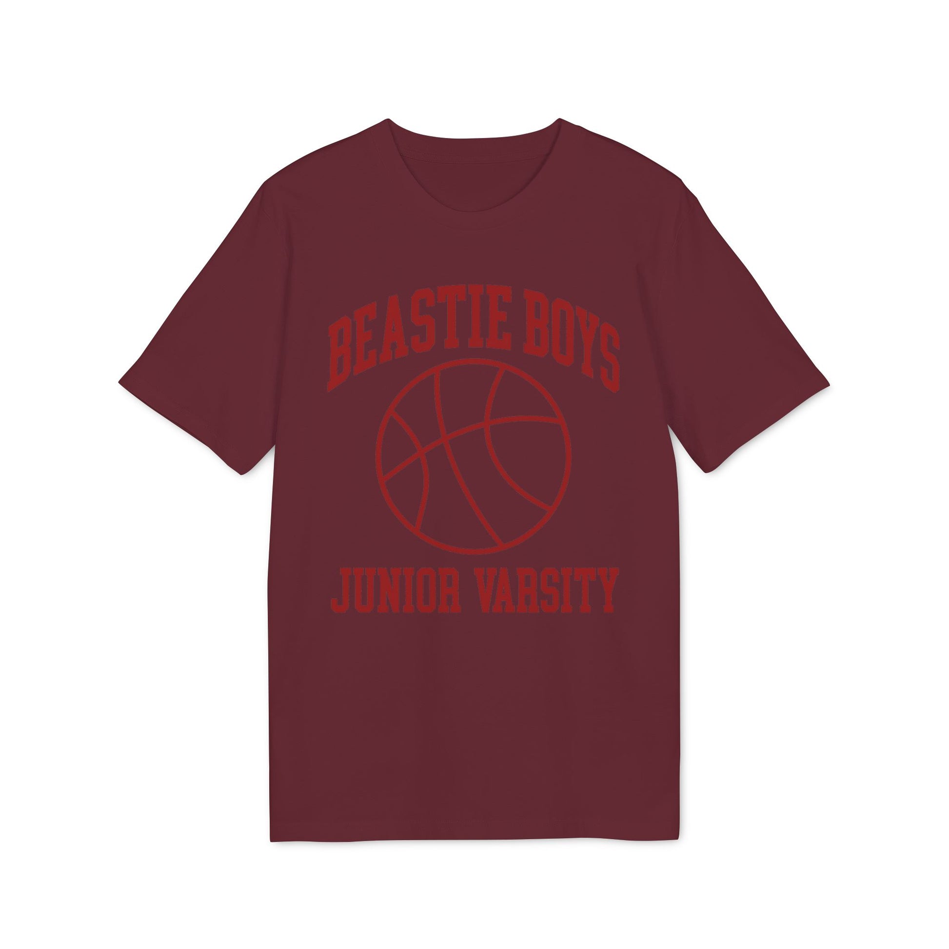 Maroon t-shirt with "Beastie Boys Junior Varsity" and basketball graphic.