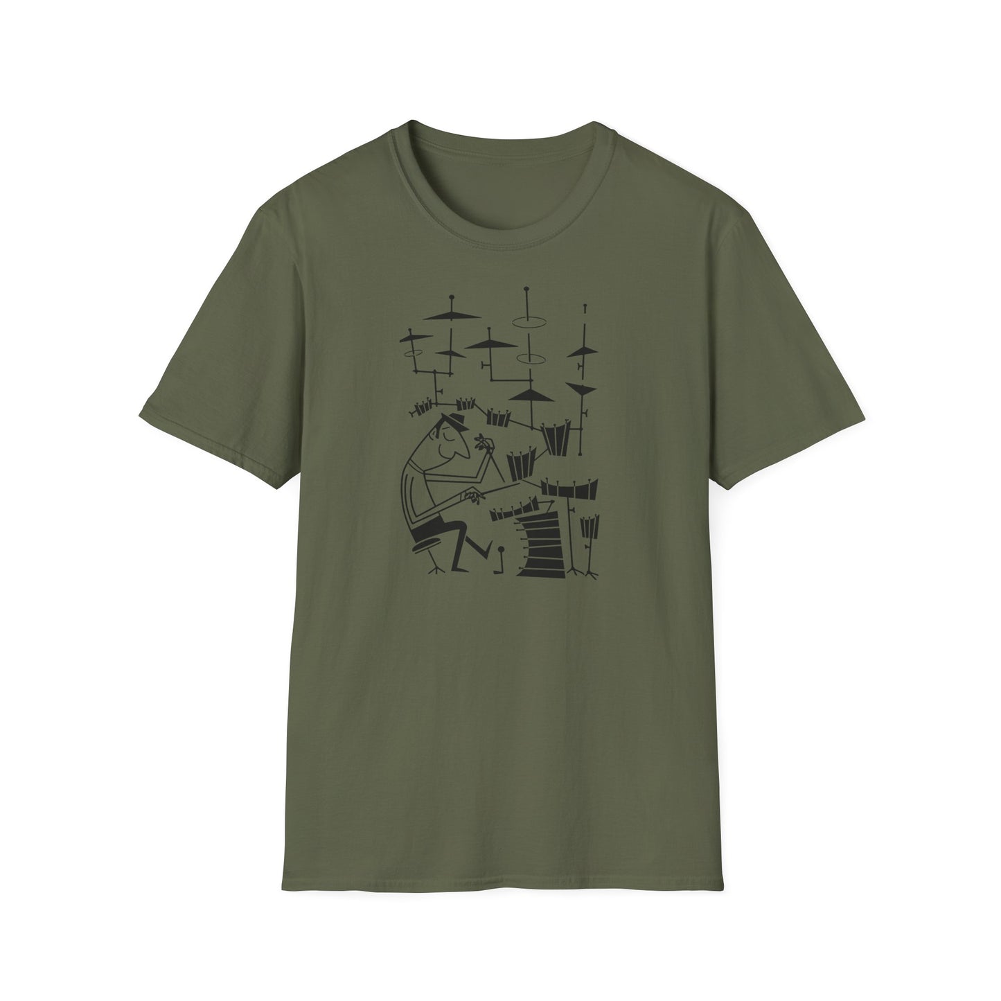 Man playing drums in abstract artistic style on a green t-shirt.