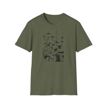 Man playing drums in abstract artistic style on a green t-shirt.