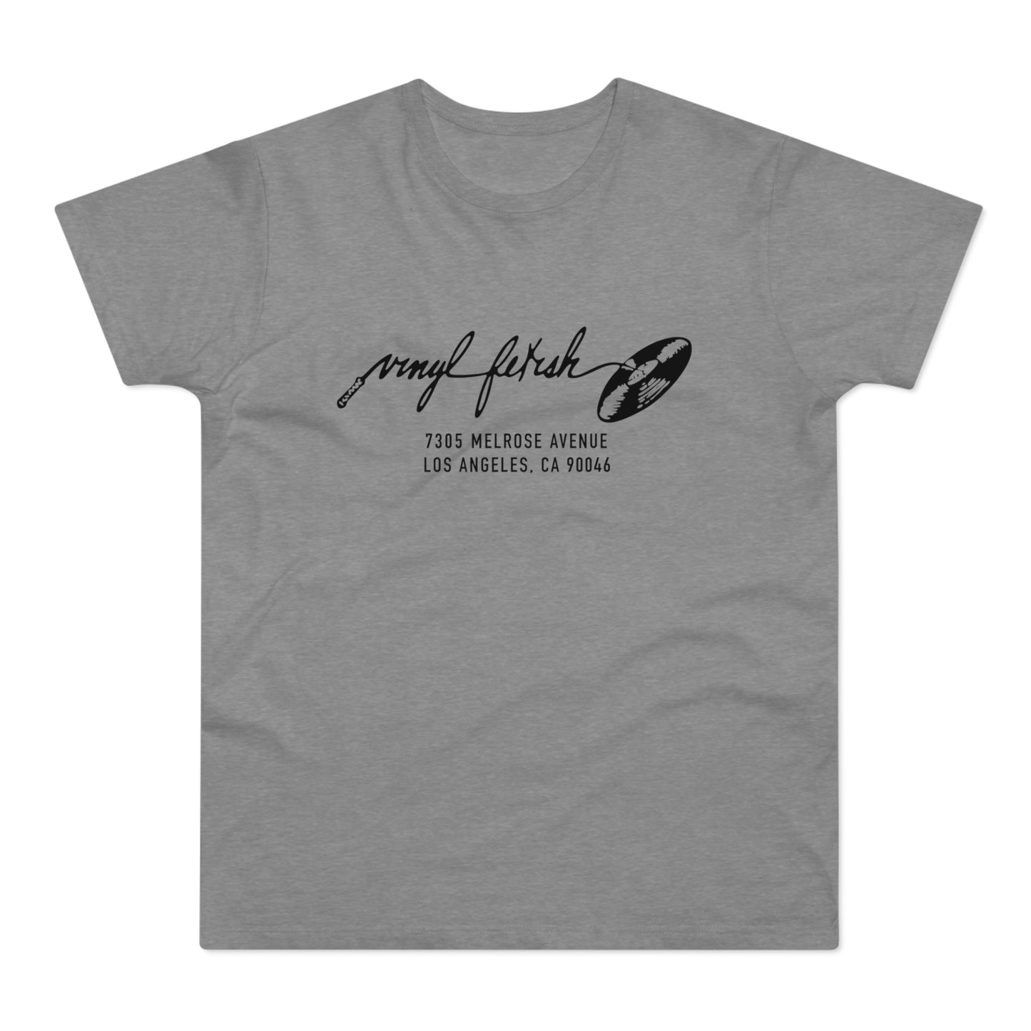Grey t-shirt with black vinyl fetish logo and address