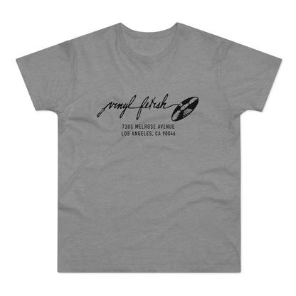 Grey t-shirt with black vinyl fetish logo and address
