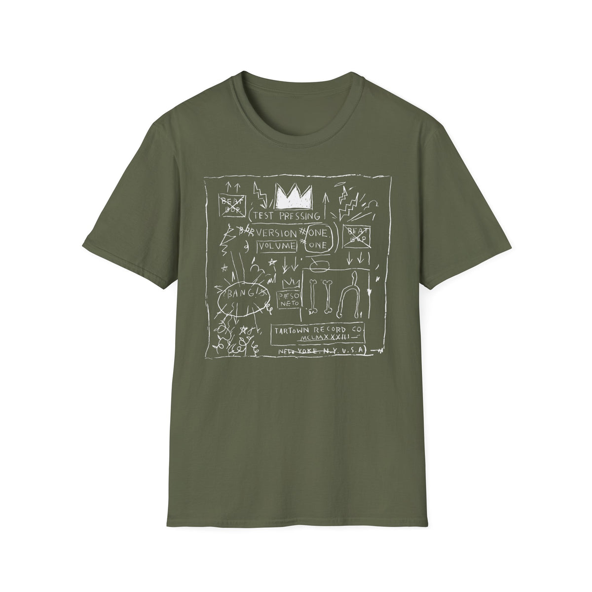 Green t-shirt with white line drawing featuring crown, text, and abstract shapes.