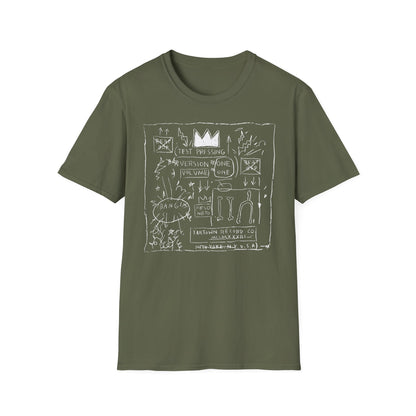 Green t-shirt with white line drawing featuring crown, text, and abstract shapes.