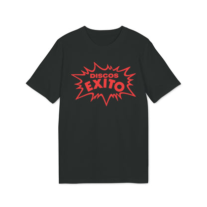 A black short-sleeved t-shirt featuring a red comic-style burst graphic with the text "DISCOS EXITO" centered on the chest.