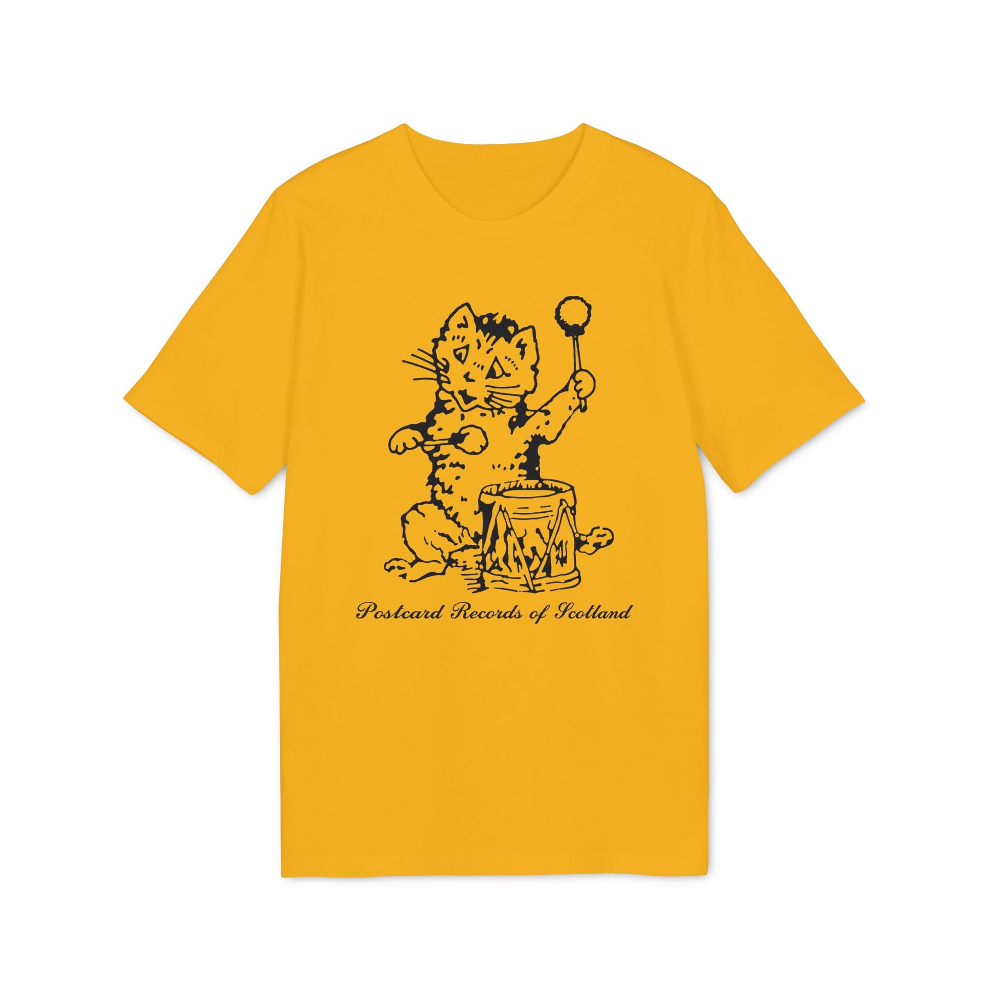 Yellow t-shirt with black drawing of a cat playing a drum labeled "Postcard Records of Scotland".
