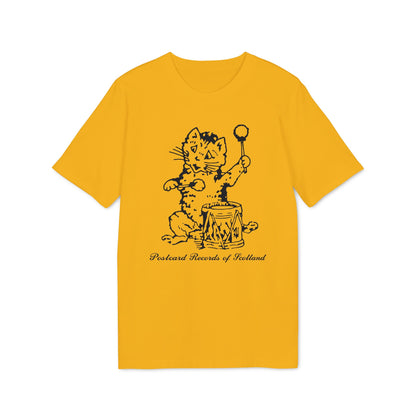 Yellow t-shirt with black drawing of a cat playing a drum labeled "Postcard Records of Scotland".