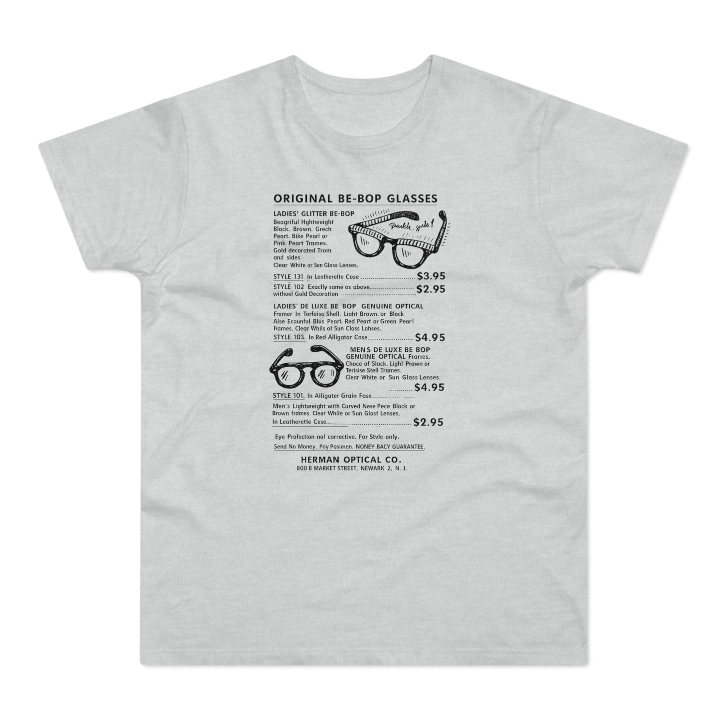 Vintage Herman Optical Co. ad for Be-Bop glasses with styles, prices, and address.