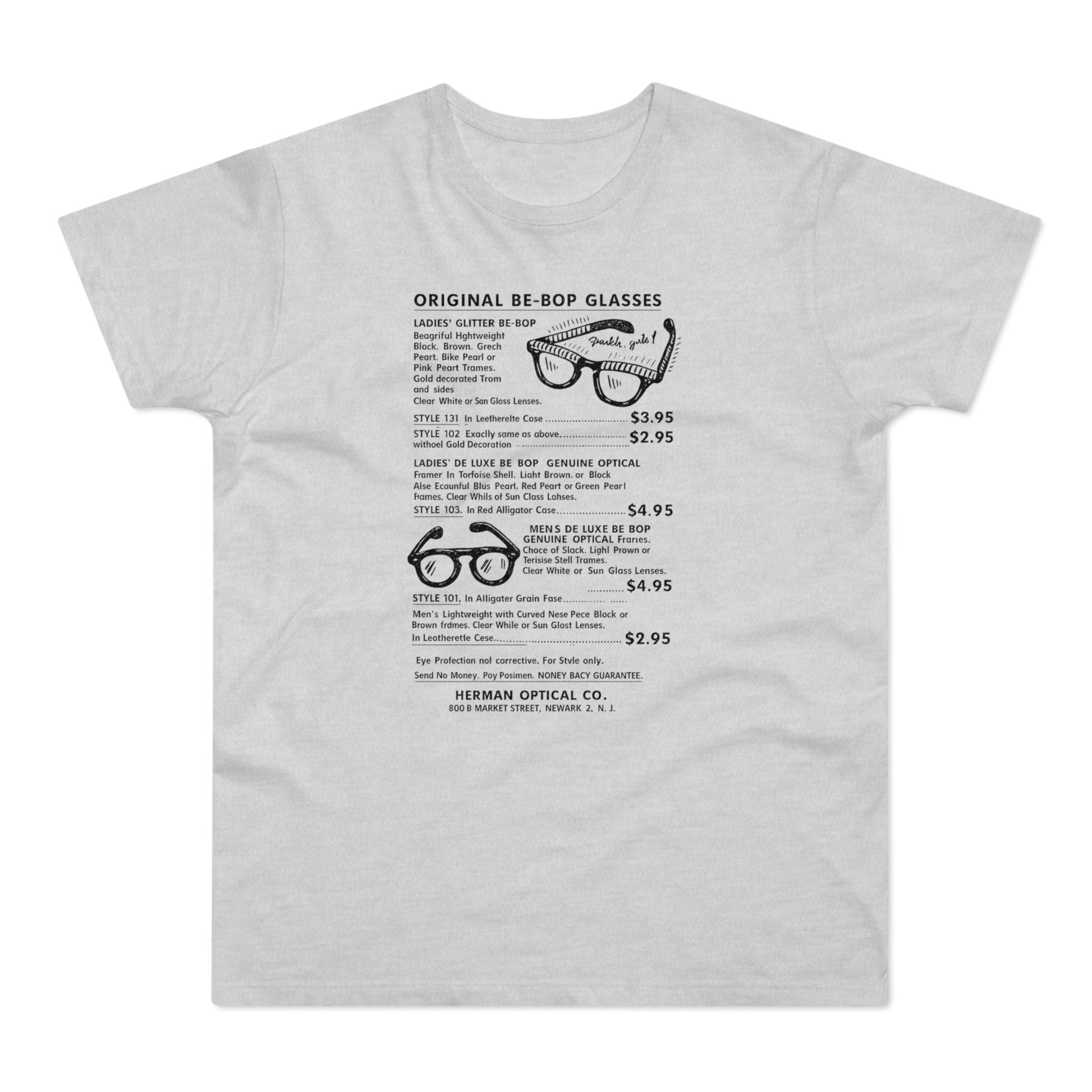 Vintage Herman Optical Co. ad for Be-Bop glasses with styles, prices, and address.