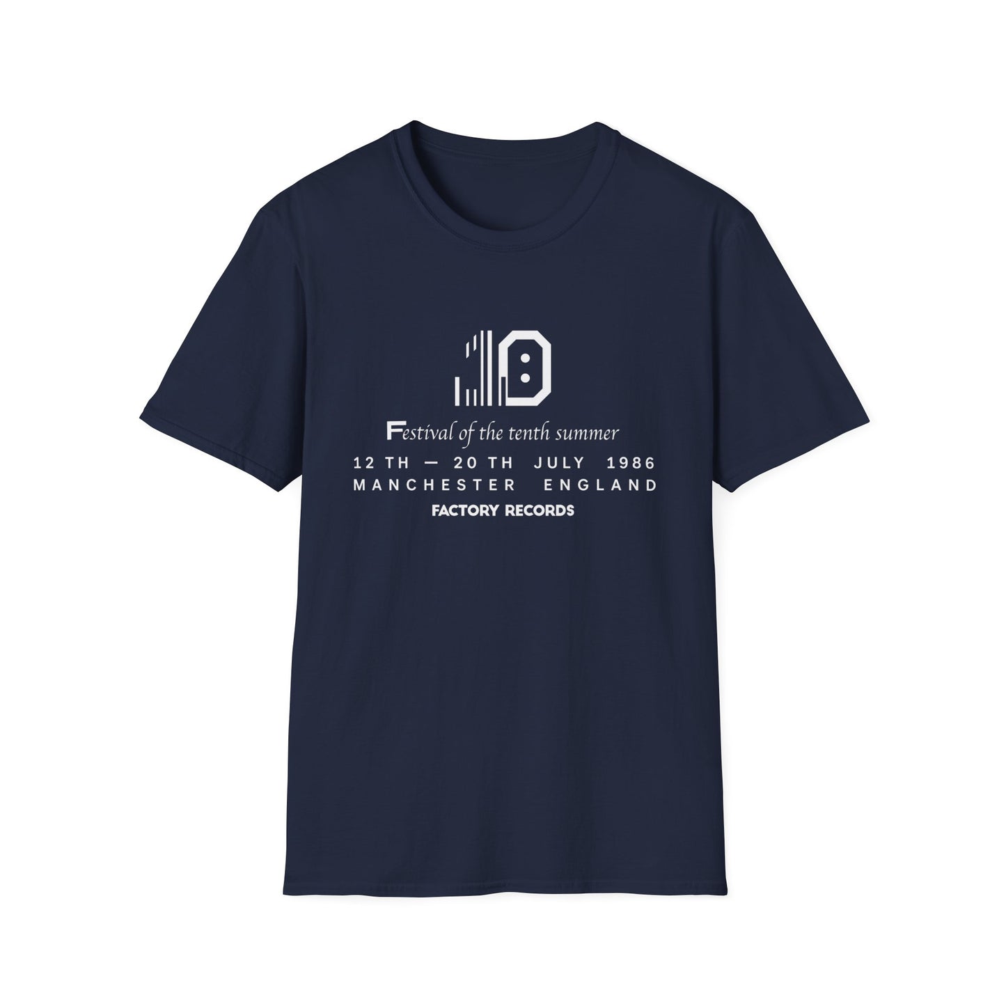 Navy t-shirt with "Festival of the tenth summer" and Factory Records event details.