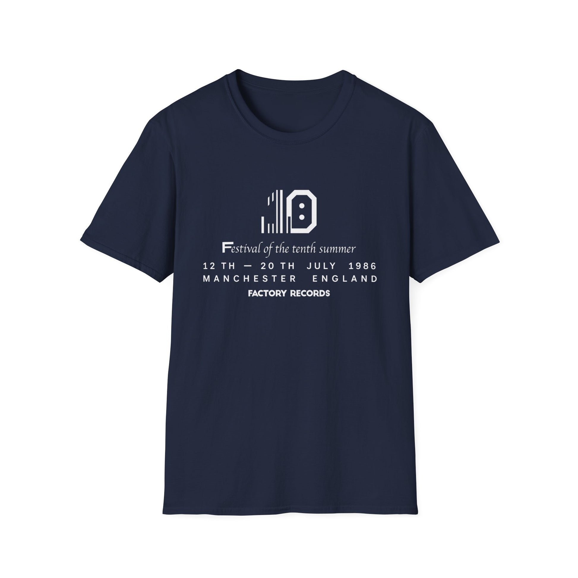 Navy t-shirt with "Festival of the tenth summer" and Factory Records event details.