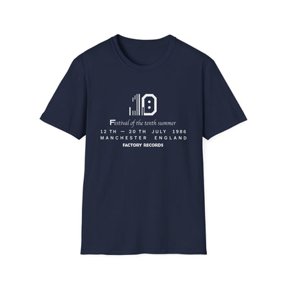 Navy t-shirt with "Festival of the tenth summer" and Factory Records event details.