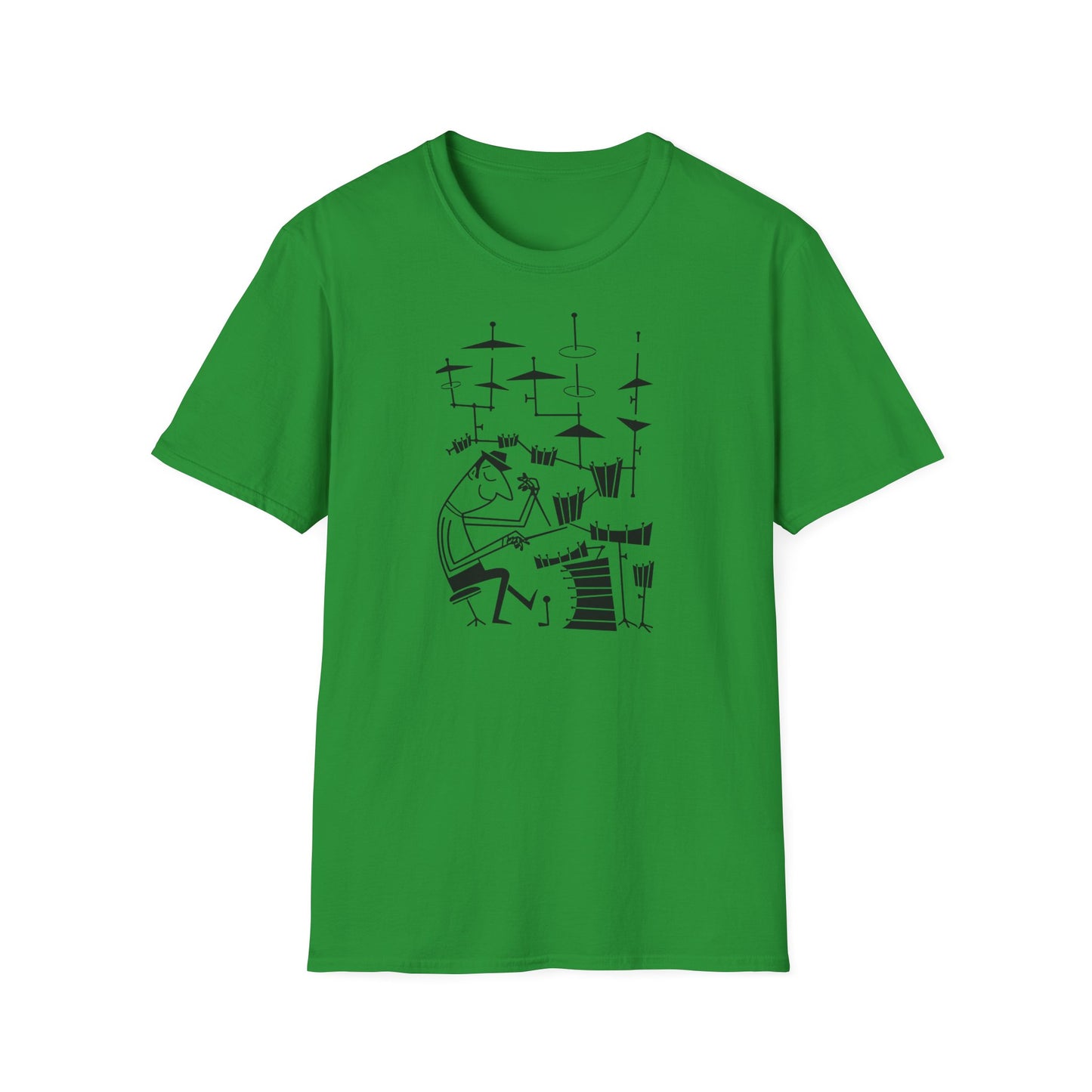 Green t-shirt with black graphic of a drummer playing a drum set.