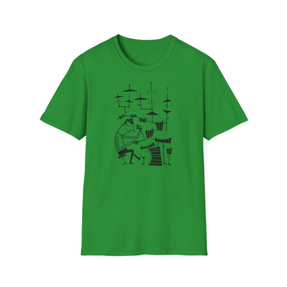 Green t-shirt with black graphic of a drummer playing a drum set.