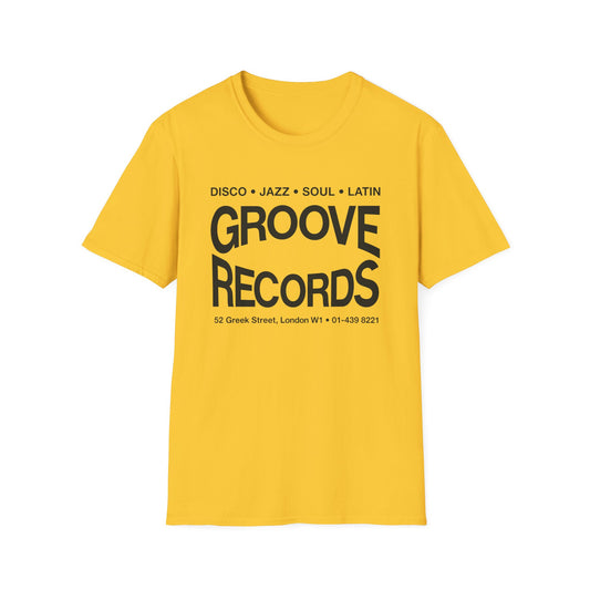 Yellow t-shirt with black text: Groove Records, 52 Greek Street, London W1.