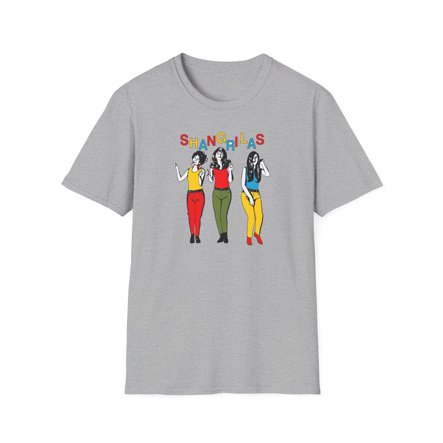 Grey t-shirt with three stylized women and colorful "SHANGRI-LAS" text.