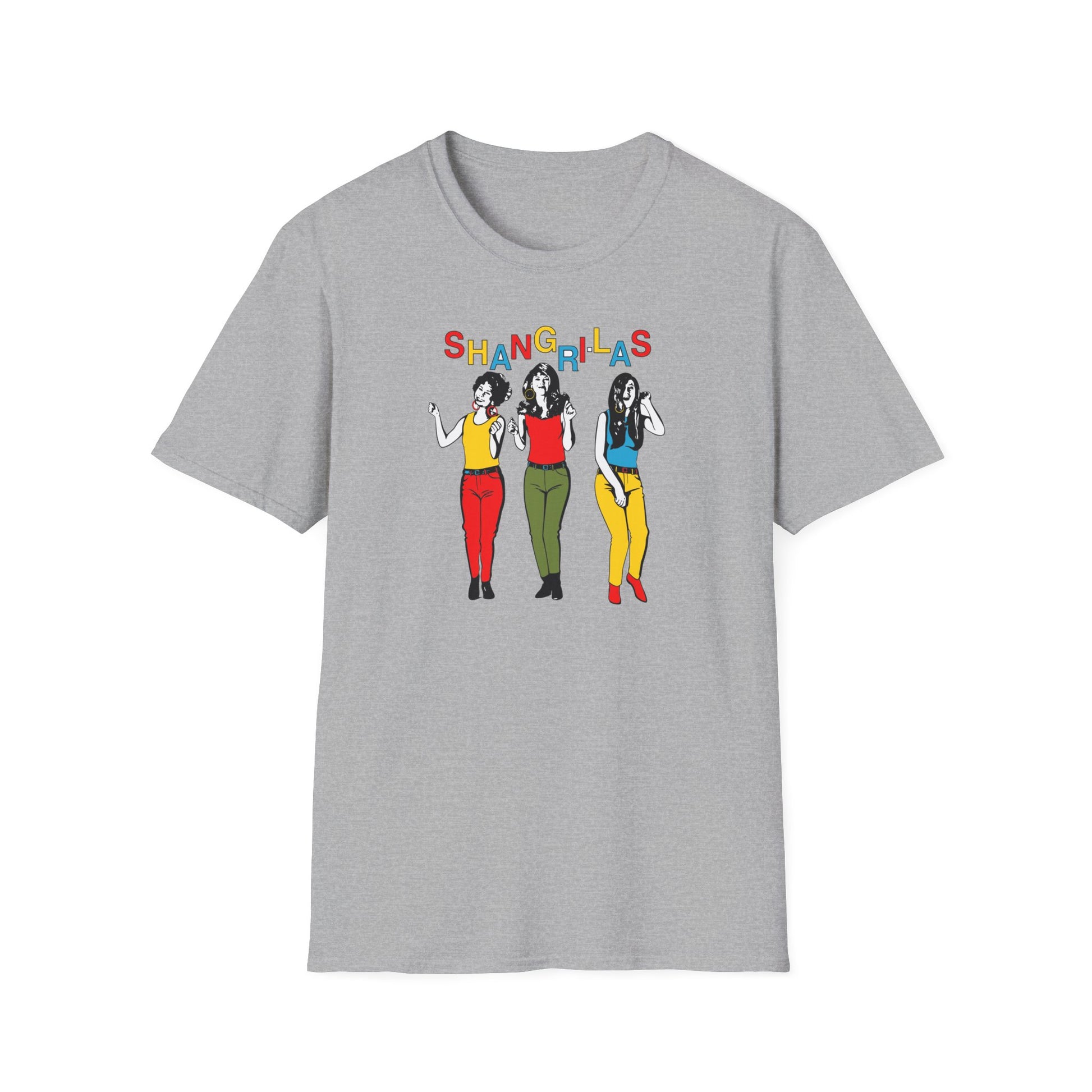 Grey t-shirt with three stylized women and colorful "SHANGRI-LAS" text.