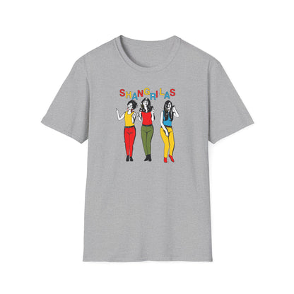 Grey t-shirt with three stylized women and colorful "SHANGRI-LAS" text.