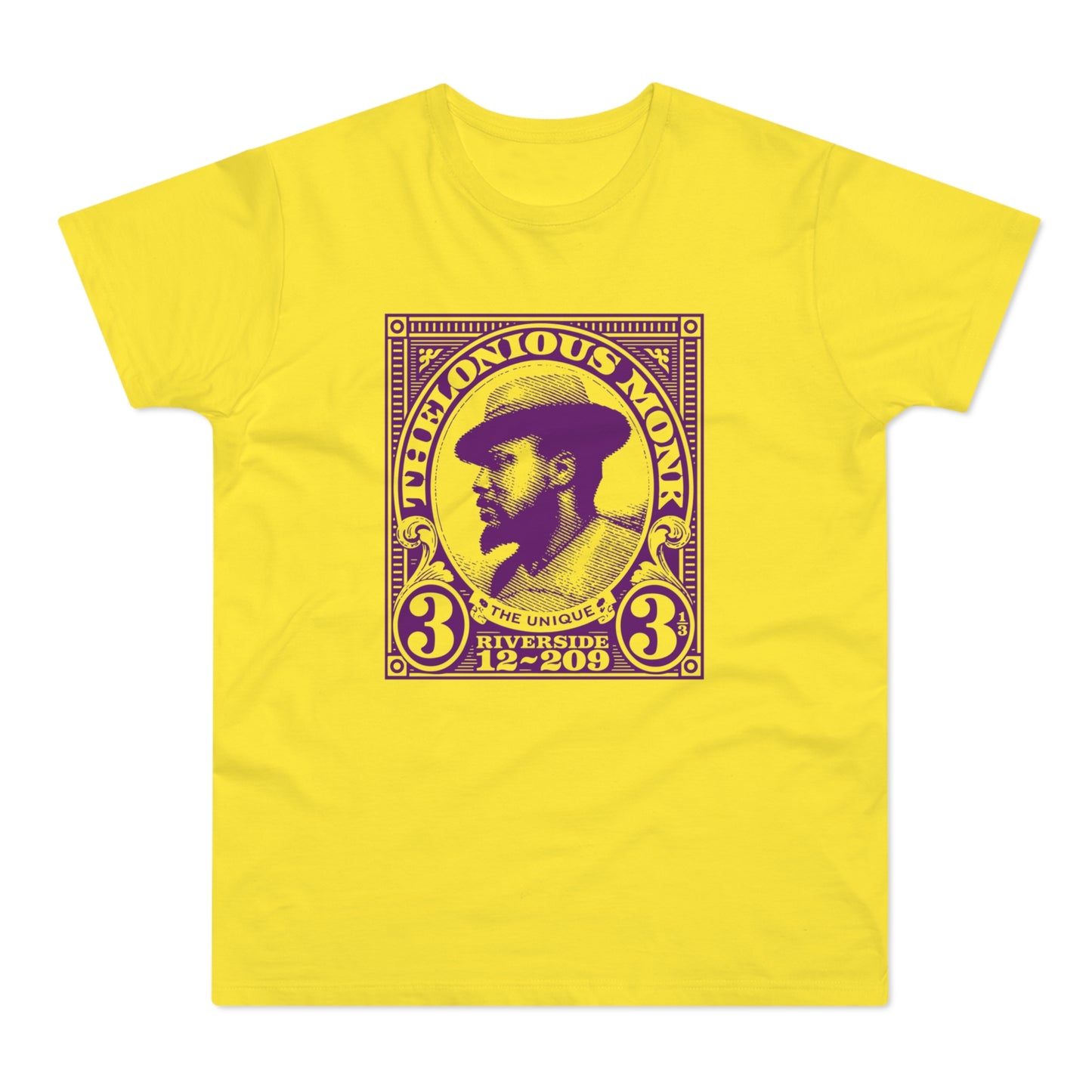 Yellow t-shirt with Thelonious Monk portrait art featuring text.