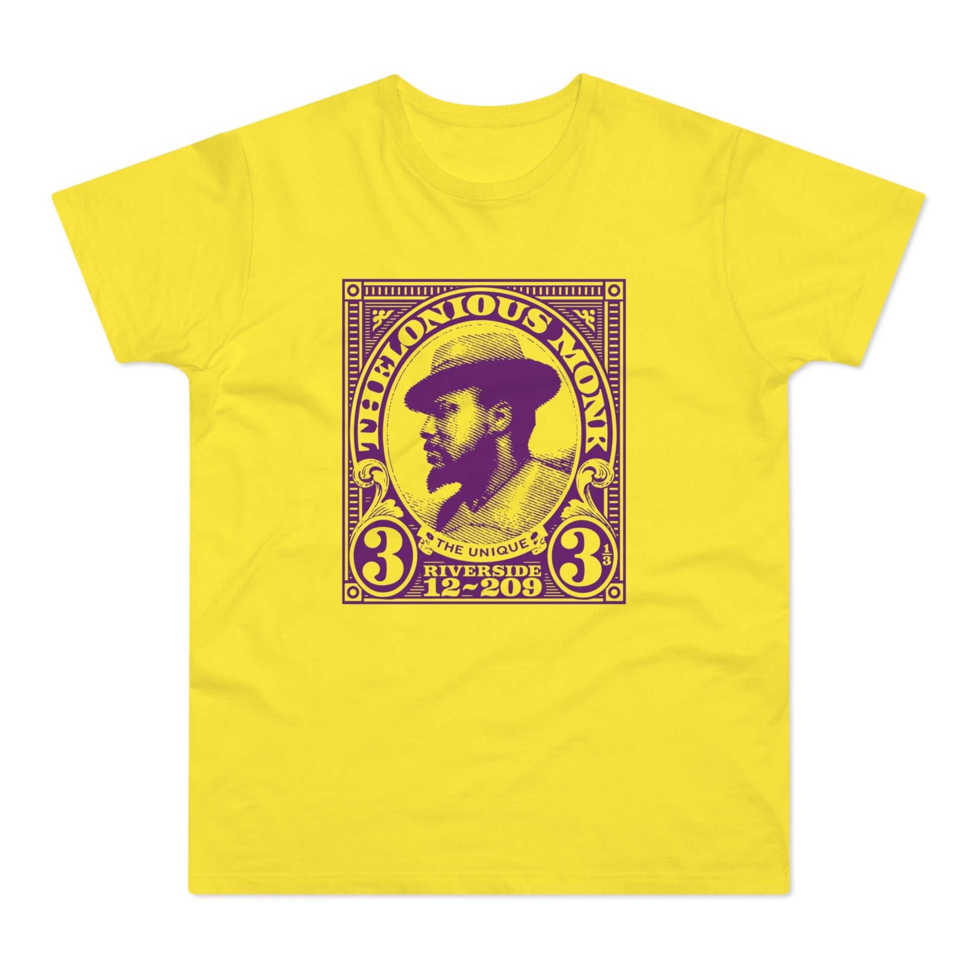 Yellow t-shirt with Thelonious Monk portrait art featuring text.