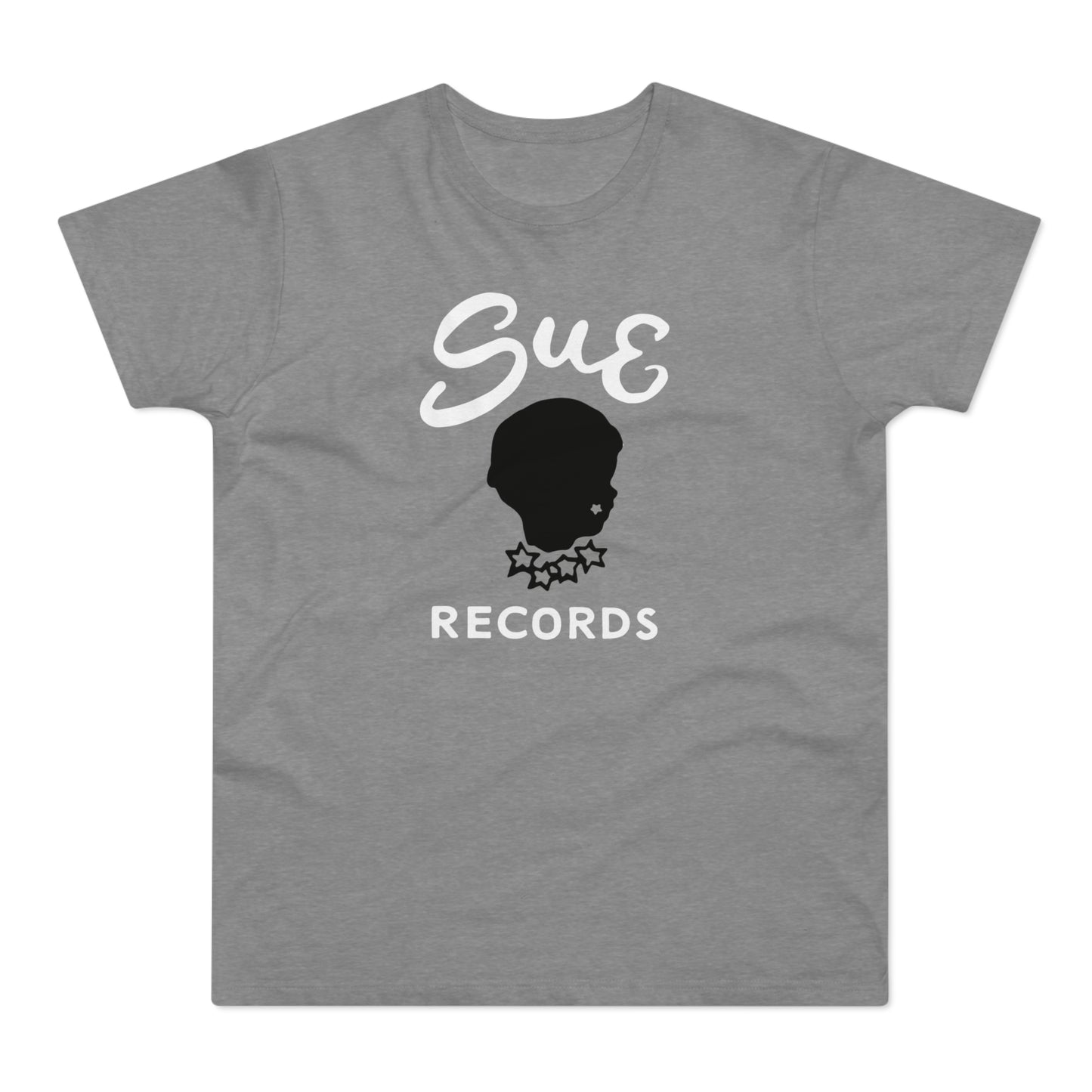 Grey t-shirt with white "Sue Records" text and black silhouette logo.