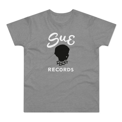 Grey t-shirt with white "Sue Records" text and black silhouette logo.