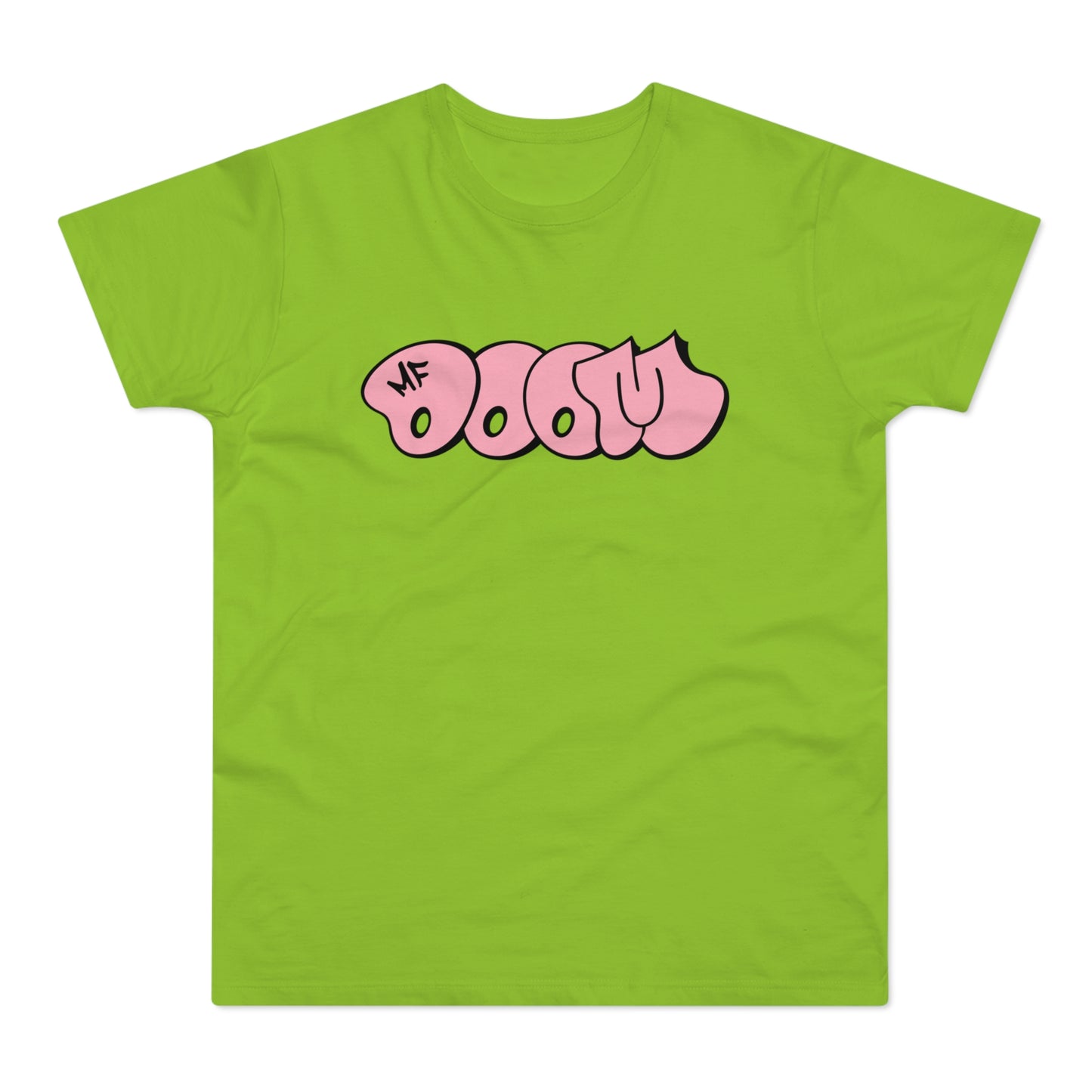 Green t-shirt with pink bubble letters spelling "MF DOOM" with black outline.