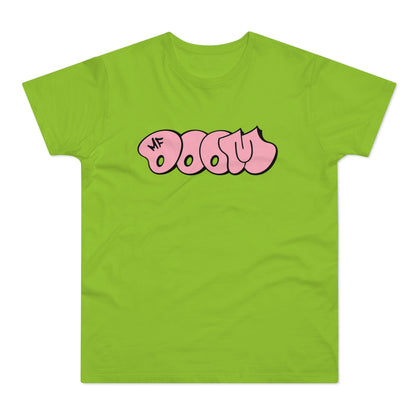 Green t-shirt with pink bubble letters spelling "MF DOOM" with black outline.