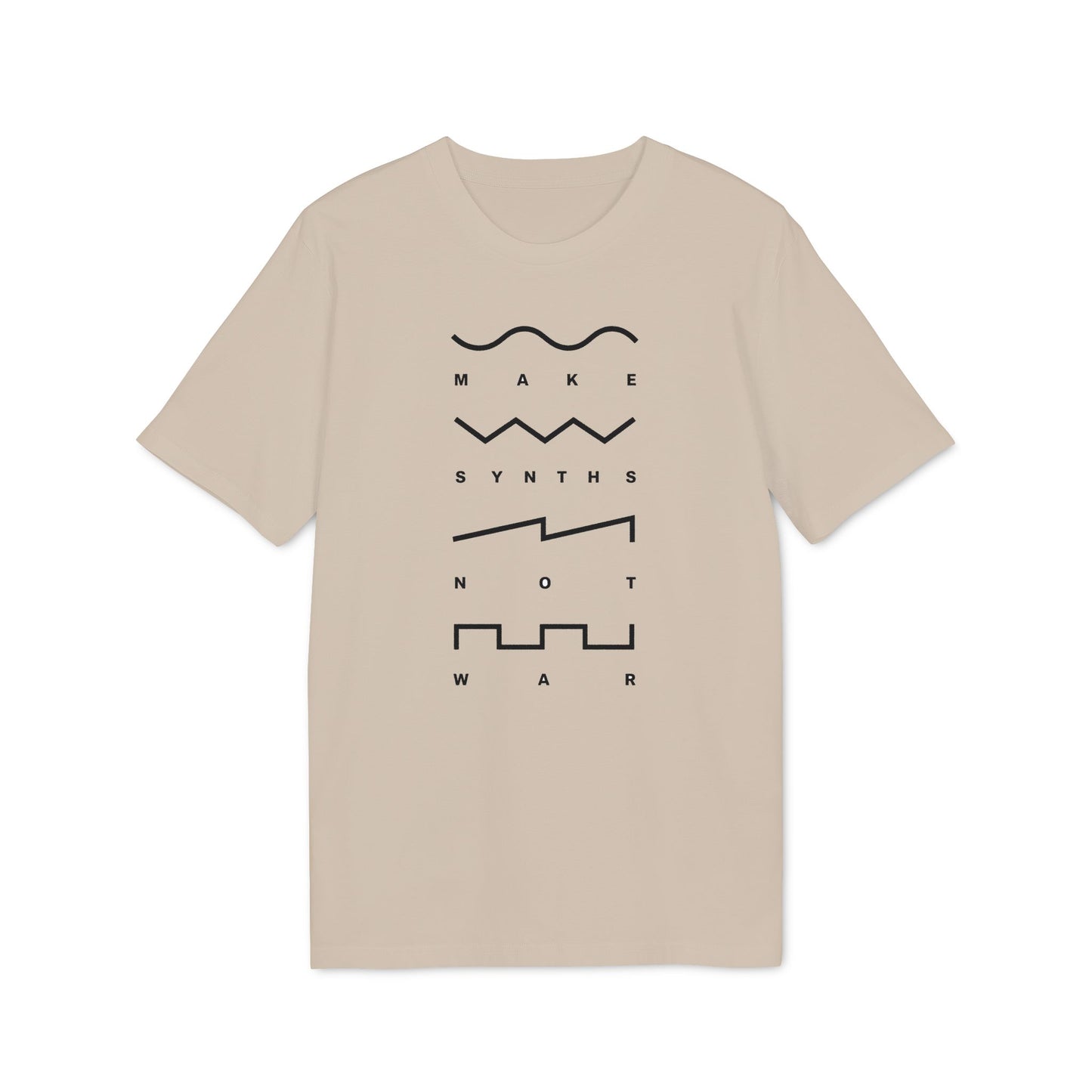 T-shirt with black "Make Synths Not War" text and waveform graphics.