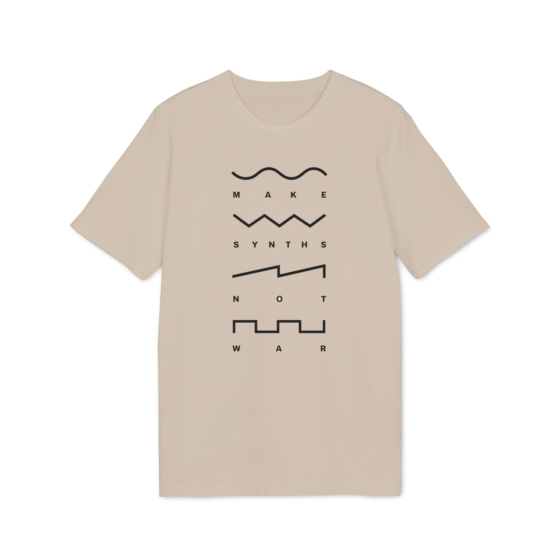 T-shirt with black "Make Synths Not War" text and waveform graphics.