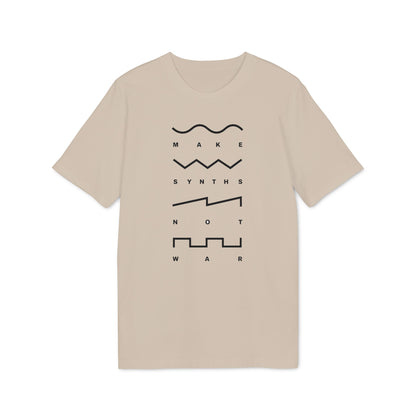 T-shirt with black "Make Synths Not War" text and waveform graphics.