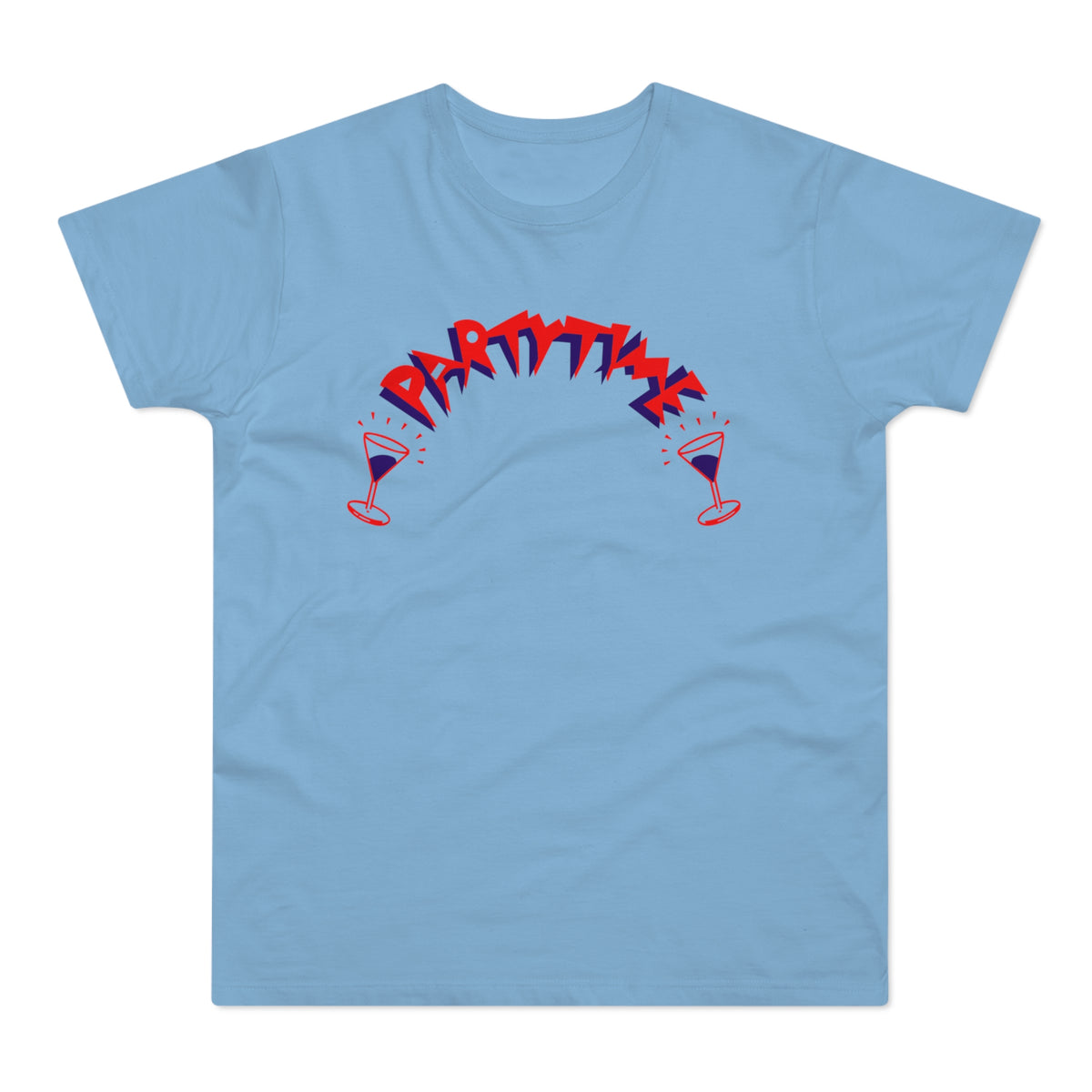 Light blue t-shirt with red and blue "PARTY TIME" text and two martini glasses.
